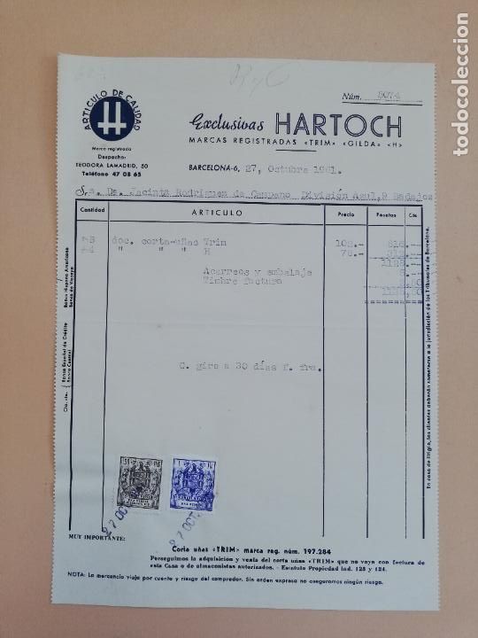 Alte Rechnungen: FACTURA. EXCLUSIVAS HARTOCH. BARCELONA. 1961.