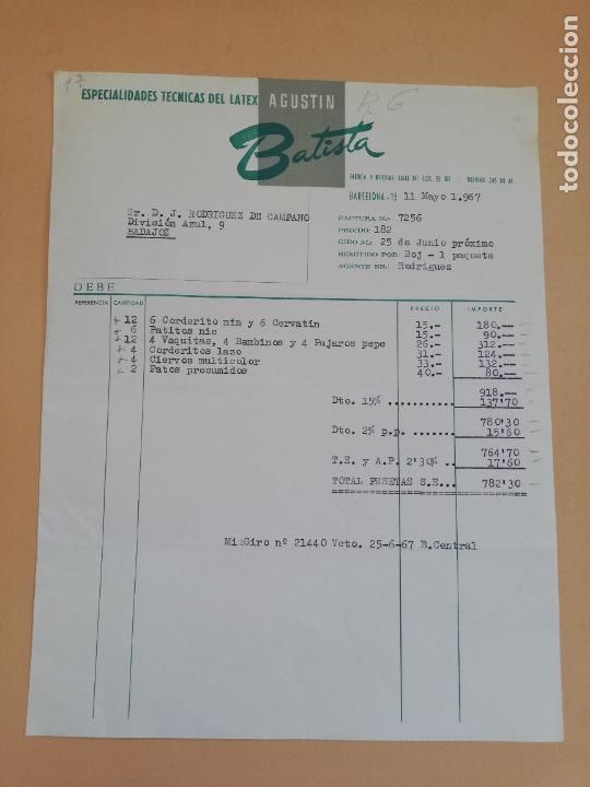 Alte Rechnungen: FACTURA. ESPECIALIDADES TECNICAS DEL LATEX. BATISTA. BARCELONA, 1967.