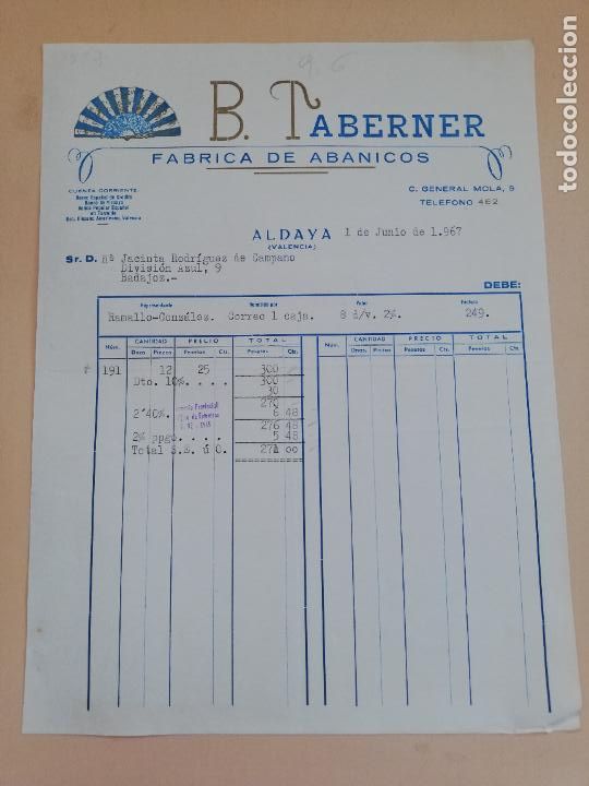 Alte Rechnungen: FACTURA. FABRICA DE ABANICOS. B. TABERNER. ALDAYA, VALENCIA, 1967.