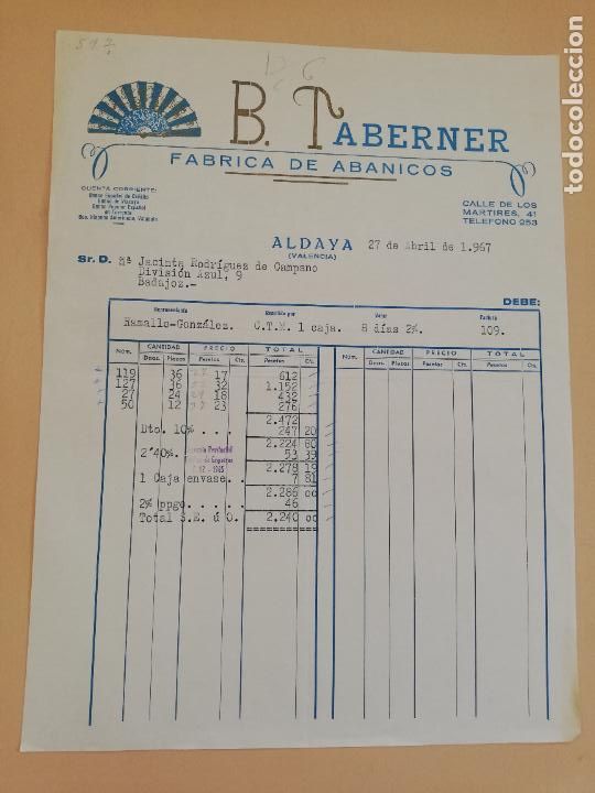 Alte Rechnungen: FACTURA. FABRICA DE ABANICOS. B. TABERNER. ALDAYA, VALENCIA, 1967.