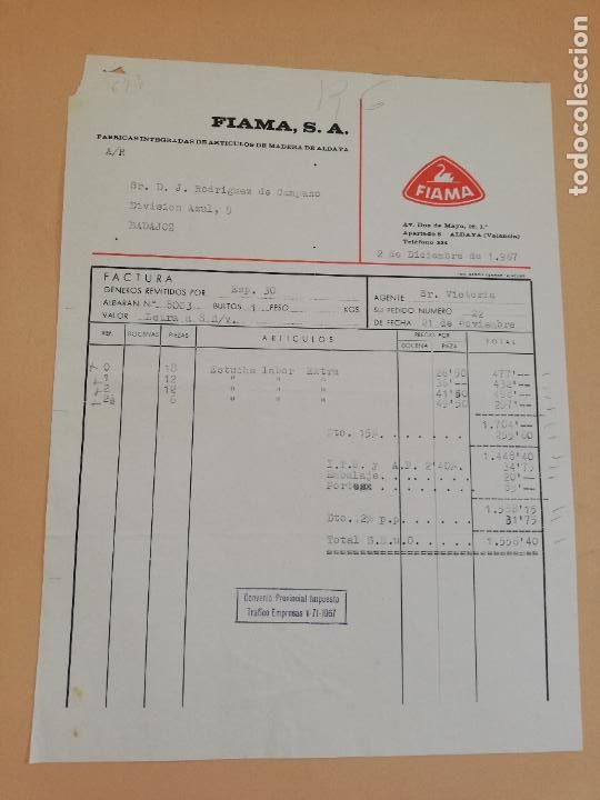 Alte Rechnungen: FACTURA. FABRICAS INTEGRADAS DE ARTICULOS DE MADERA DE ALDAYA. FIAMA. ALDAYA, VALENCIA. 1967.