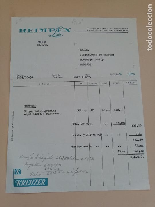 Facturas antiguas: FACTURA. REIMPEX. VIGO, 1966. - Foto 1