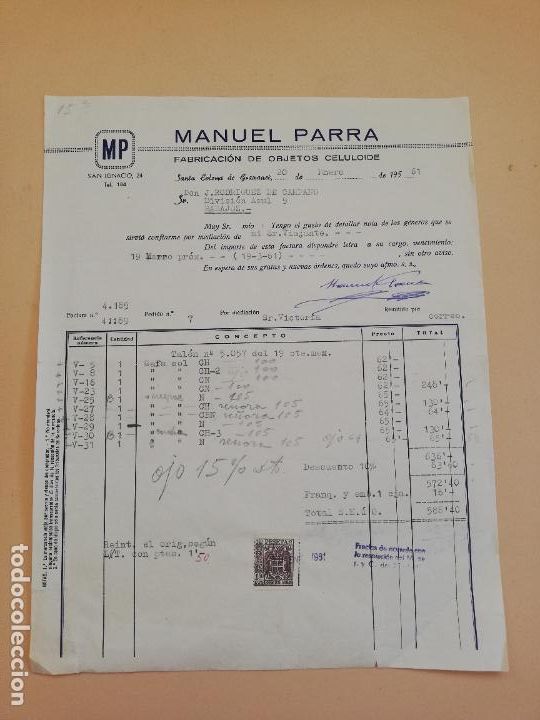 Alte Rechnungen: FACTURA. FABRICACION DE OBJETOS CELULOIDE. MANUEL PARRA. SANTA COLOMA DE GRAMANET, BARCELONA. 1961.