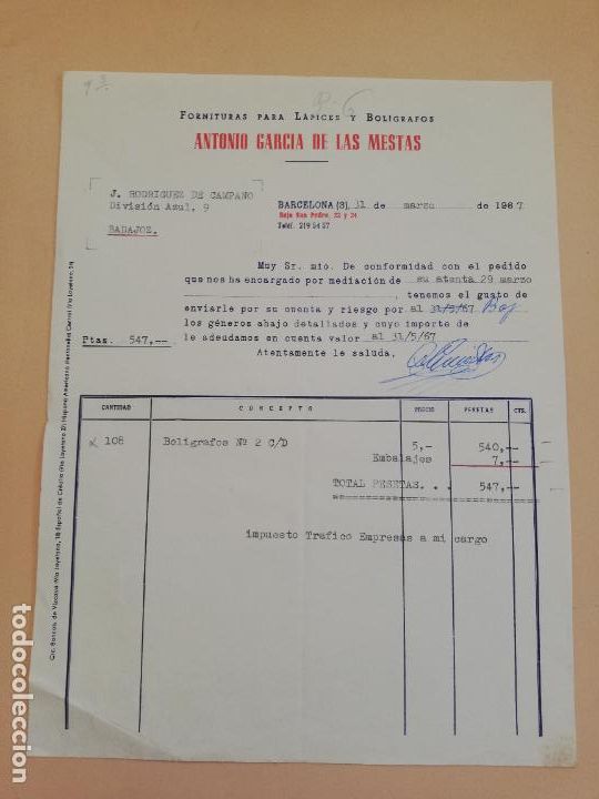 Alte Rechnungen: FACTURA. FORNITURA PARA LAPICES Y BOLIGRAFOS. ANTONIO GARCIA DE LAS MESTAS. BARCELONA, 1967.