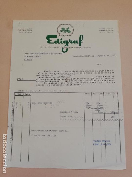 Alte Rechnungen: FACTURA. EDIGRAF. EDITORIAL VILCAR Y GRAFICAS HAMBURG, S.A. BARCELONA, 1961.