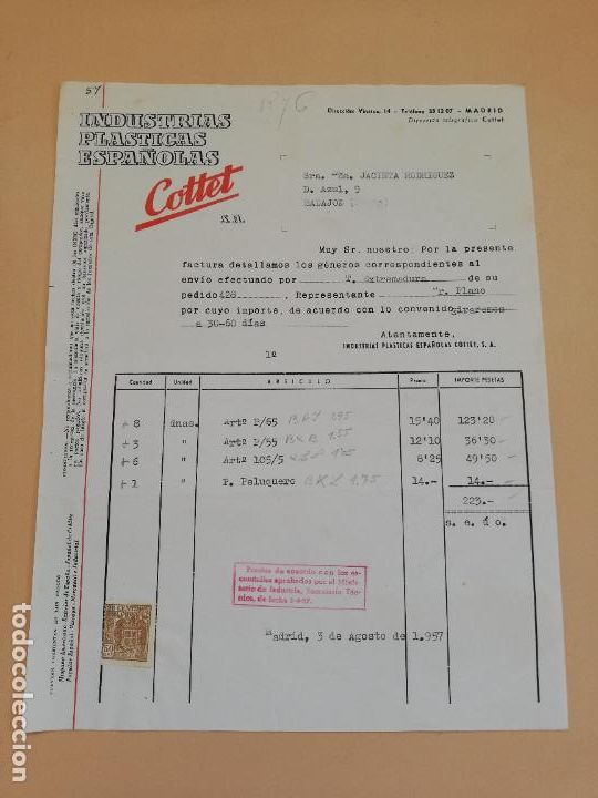 Alte Rechnungen: FACTURA. INDUSTRIAS PLASTICAS ESPA&Ntilde;OLAS. COTTET. MADRID, 1957.