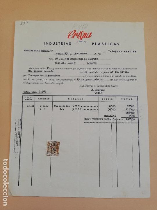 Alte Rechnungen: FACTURA. INDUSTRIAS PLASTICAS. CRISNA. MADRID, 1957.