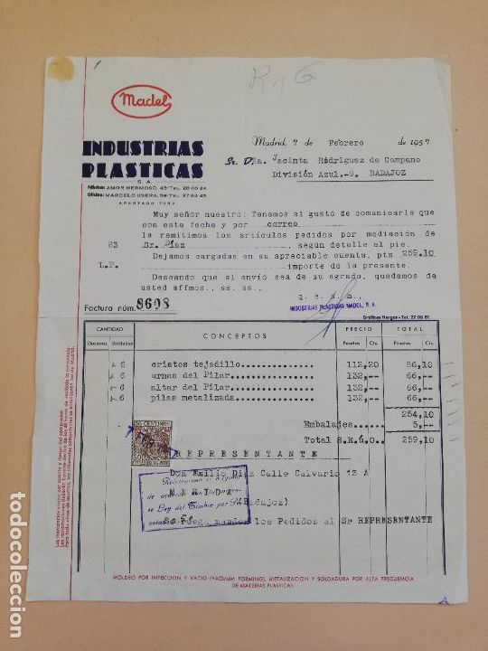 Alte Rechnungen: FACTURA. INDUSTRIAS PLASTICAS. MADEL. MADRID, 1957.