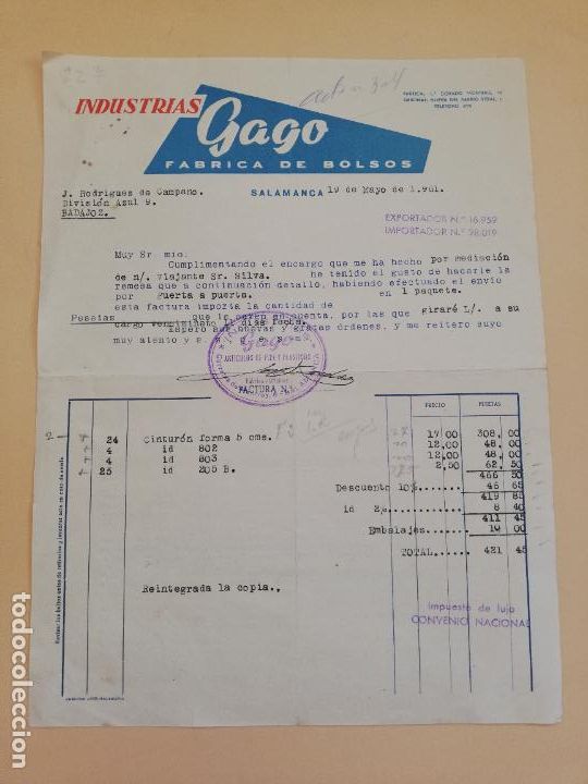 Alte Rechnungen: FACTURA. FABRICA DE BOLSOS. INDUSTRIAS GAGO. SALAMANCA, 1961.