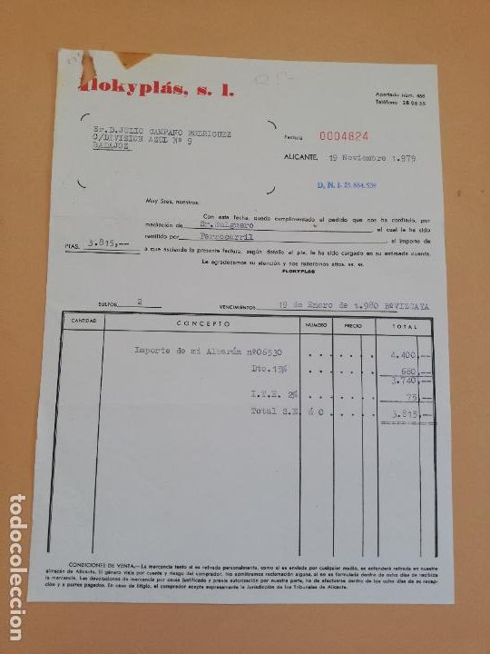 Alte Rechnungen: FACTURA. FLOKYPLAS, S.L. ALICANTE, 1979.