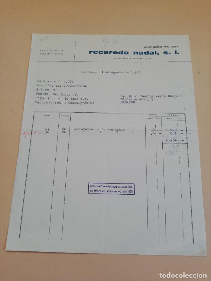 Alte Rechnungen: FACTURA. RECADERO NADAL, S. L. MANUFACTURA DE ARTICULOS DE PIEL. VALENCIA, 1966.