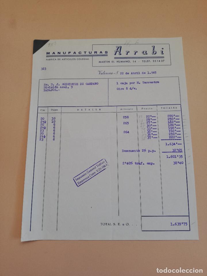 Alte Rechnungen: FACTURA. FABRICA DE ARTICULOS COLEGIAL. MANUFACTURAS ARRABI. VALENCIA, 1965.