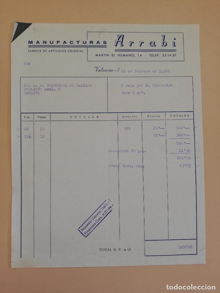 Alte Rechnungen: FACTURA. FABRICA DE ARTICULOS COLEGIAL. MANUFACTURAS ARRABI. VALENCIA, 1965.