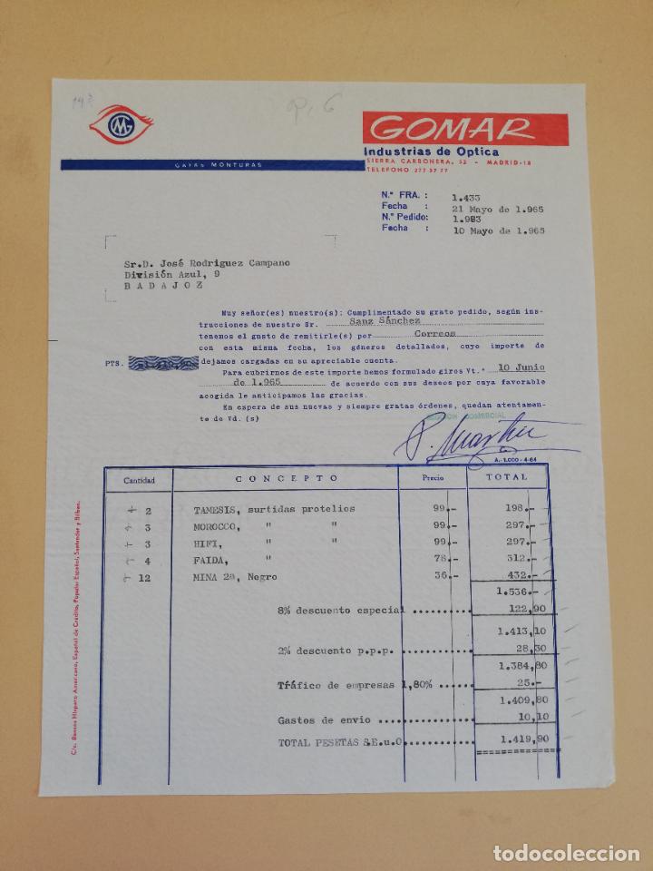 Alte Rechnungen: FACTURA. INDUSTRIAS DE OPTICA GOMAR. MADRID, 1965.