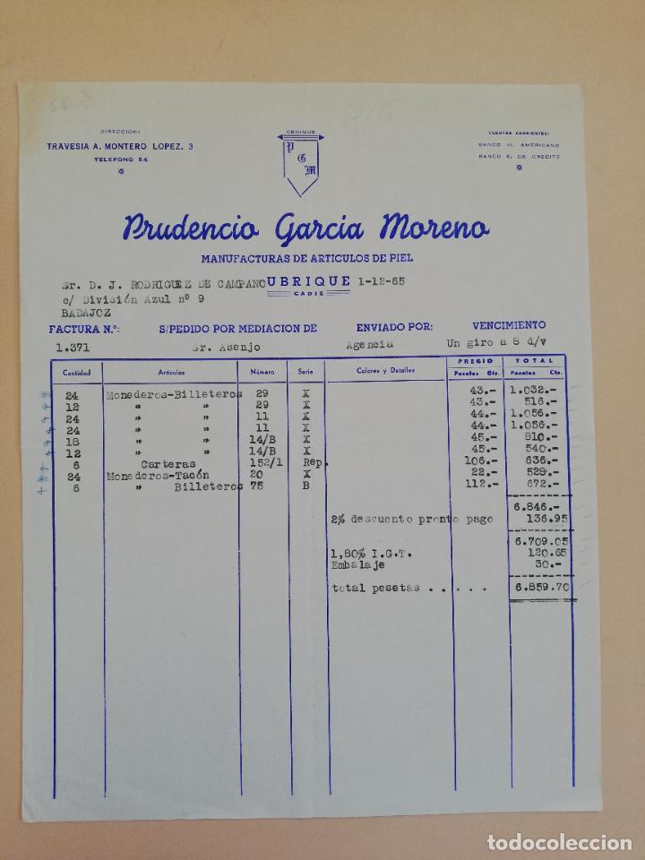 Alte Rechnungen: FACTURA. MANUFACTURAS DE ARTICULOS DE PIEL. PRUDENCIO GARCIA MORENO. UBRIQUE, CADIZ. 1965.