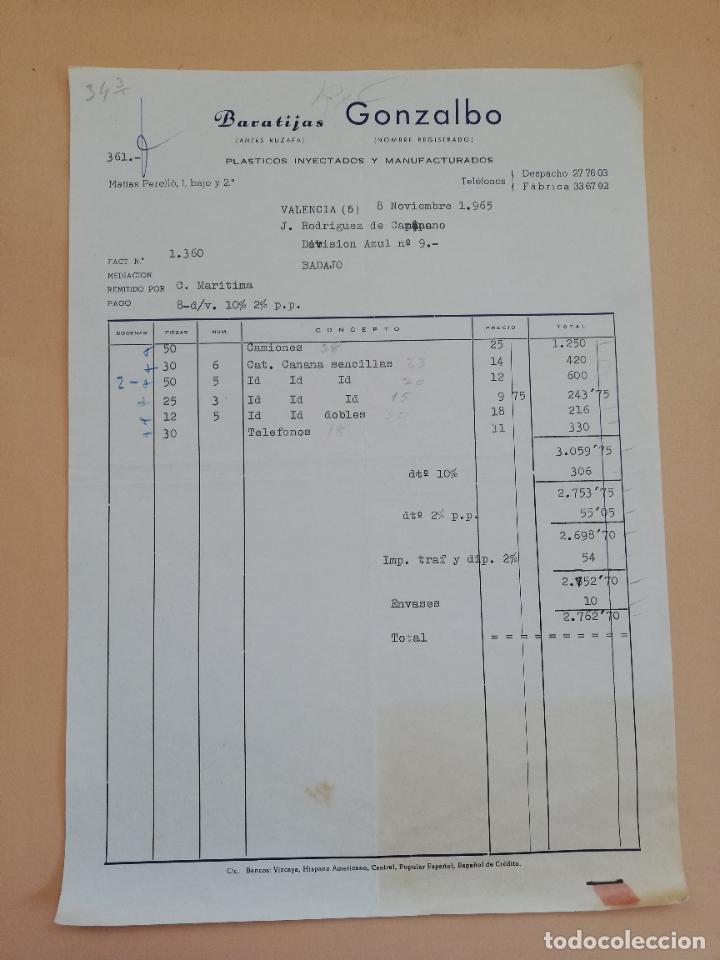 Alte Rechnungen: FACTURA. BARATIJAS GONZALBO. PLASTICOS INYECTADOS Y MANUFACTURADOS. VALENCIA, 1965.