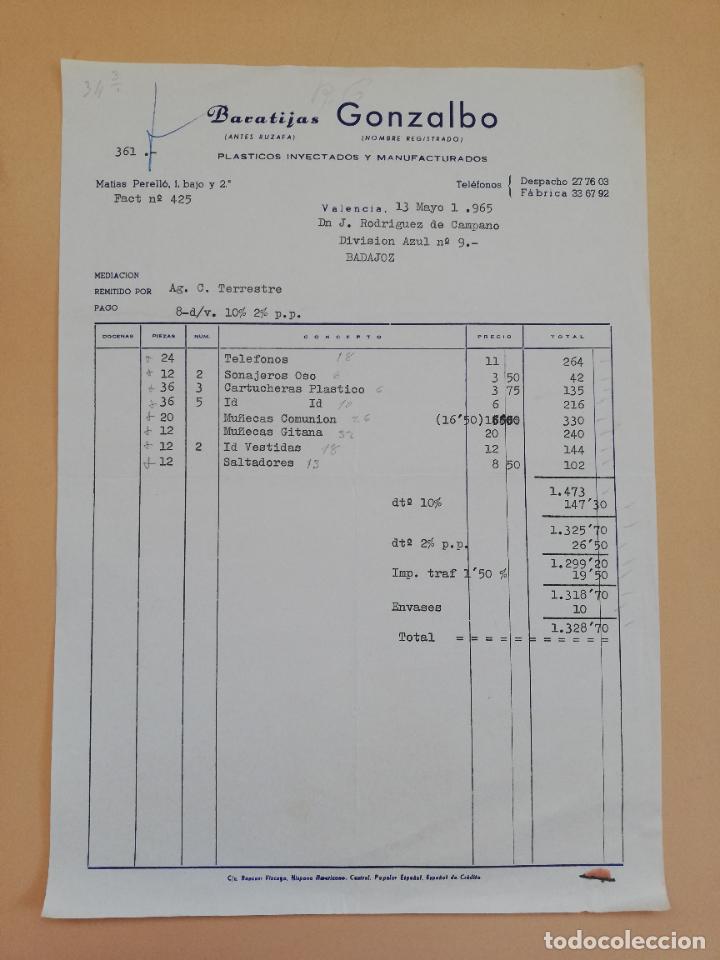 Alte Rechnungen: FACTURA. BARATIJAS GONZALBO. PLASTICOS INYECTADOS Y MANUFACTURADOS. VALENCIA, 1965.