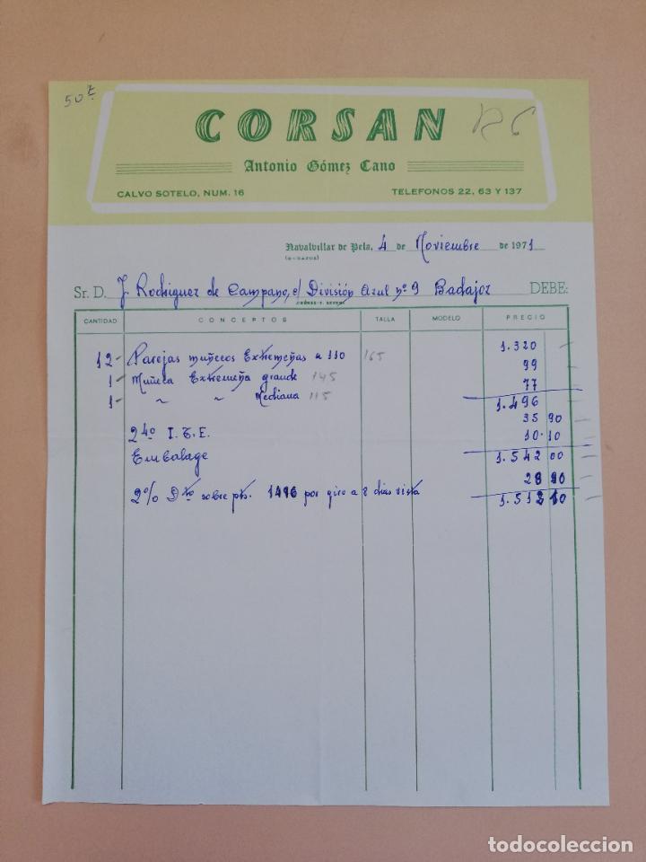 Alte Rechnungen: FACTURA. CORSAN. ANTONIO GOMEZ CANO. NAVALVILLAR DE PELA, BADAJOZ, 1971.