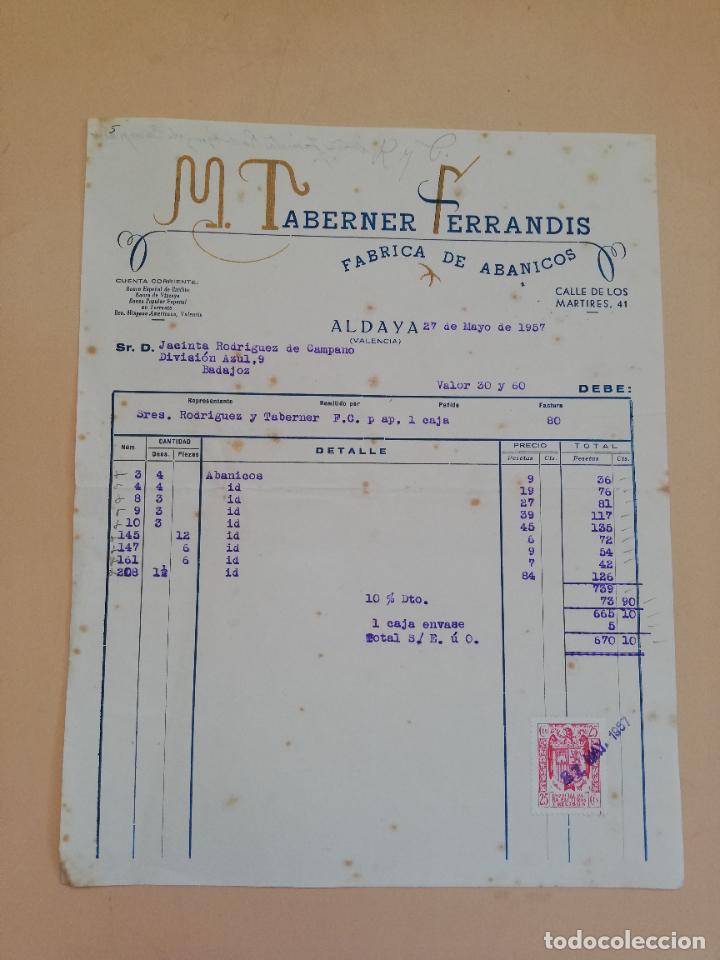 Alte Rechnungen: FACTURA. FABRICA DE ABANICOS. M. TABERNER FERRANDIS. ALDAYA, VALENCIA, 1957.