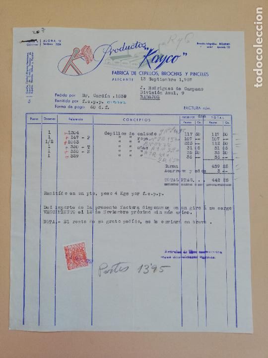 Alte Rechnungen: FACTURA. FABRICA DE CEPILLOS, BROCHAS Y PINCELES. PRODUCTOS KAYCO. ALICANTE, 1957.