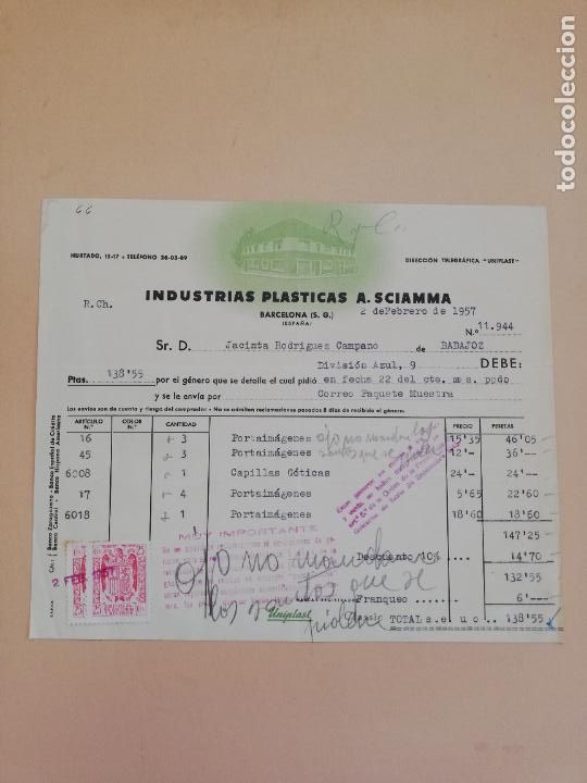 Alte Rechnungen: FACTURA. INDUSTRIAS PLASTICAS A. SCIAMMA. BARCELONA. 1957.