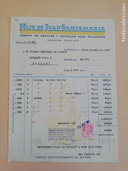Alte Rechnungen: FACTURA. FABRICA DE BROCHAS Y ARTICULOS PARA PELUQUERIA. HIJO DE JUAN SANTAMARIA. BARCELONA. 1957.