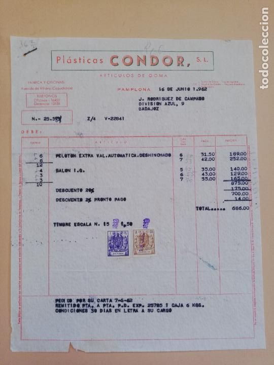 Alte Rechnungen: FACTURA. PLASTICAS CONDOR, S. L. ARTICULOS DE GOMA. PAMPLONA. 1962.