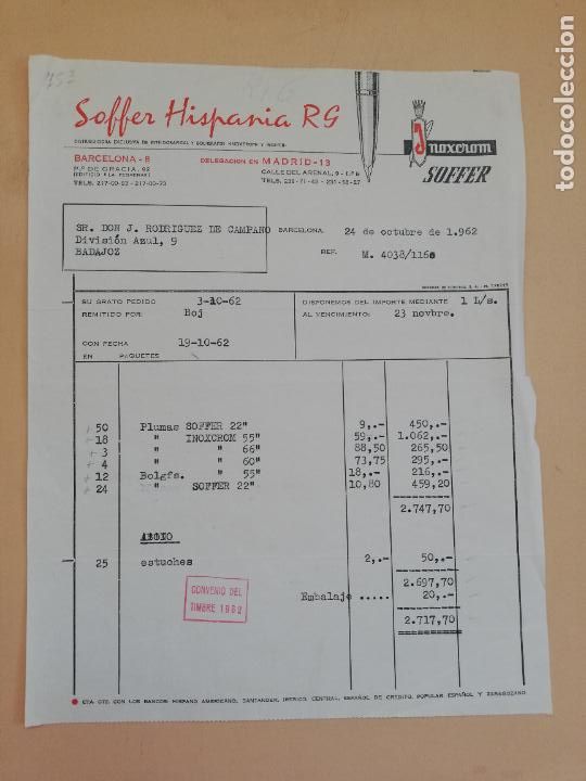 Alte Rechnungen: FACTURA. SOFFER HISPANIA, RG. INOXCROM, ESTILOGRAFICAS Y BOLIGRAFOS. BARCELONA, 1962.