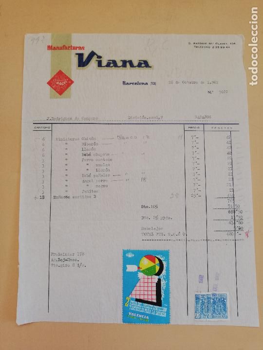 Alte Rechnungen: FACTURA. PRODUCTOS MAGVI. MANUFACTURAS VIANA. BARCELONA, 1962.