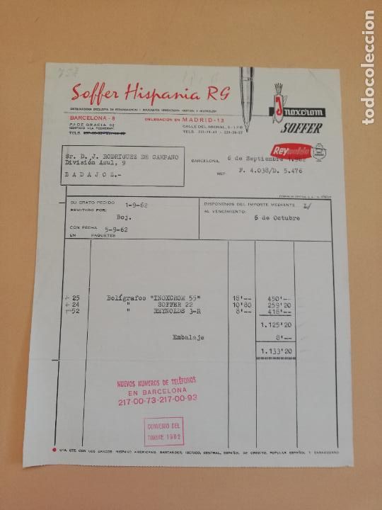 Alte Rechnungen: FACTURA. SOFFER HISPANIA, RG. INOXCROM, ESTILOGRAFICAS Y BOLIGRAFOS. BARCELONA, 1962.
