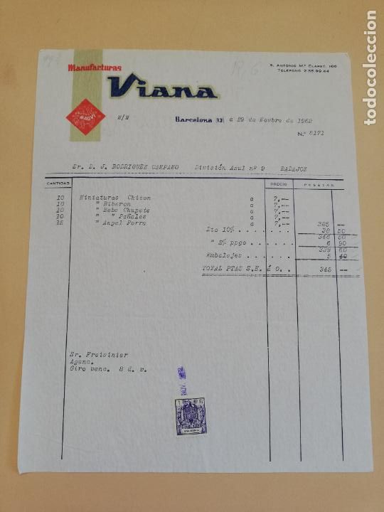 Factures anciennes: FACTURA. PRODUCTOS MAGVI. MANUFACTURAS VIANA. BARCELONA, 1962.