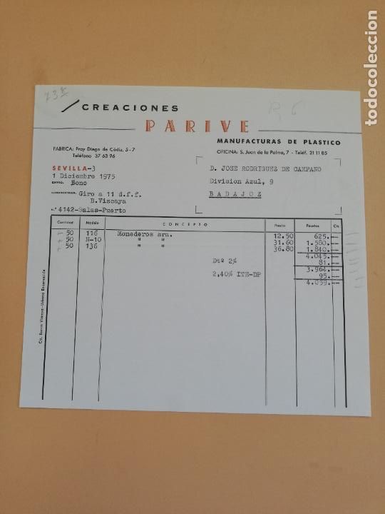 Alte Rechnungen: FACTURA. CREACIONES PARIVE. MANUFACTURAS DE PLASTICO. SEVILLA, 1975.