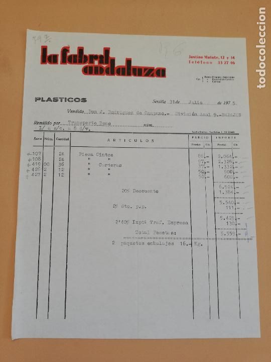 Alte Rechnungen: FACTURA. LA FABRIL ANDALUZA. PLASTICOS. SEVILLA. 1975.