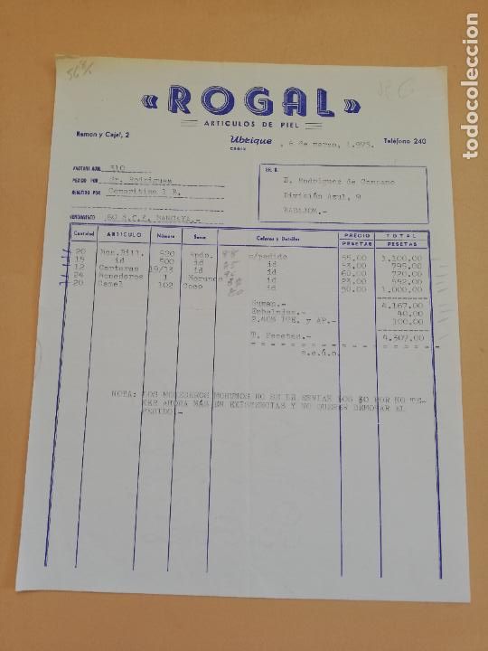 Alte Rechnungen: FACTURA. ARTICULOS DE PIEL. ROGAL. UBRIQUE, CADIZ, 1975.