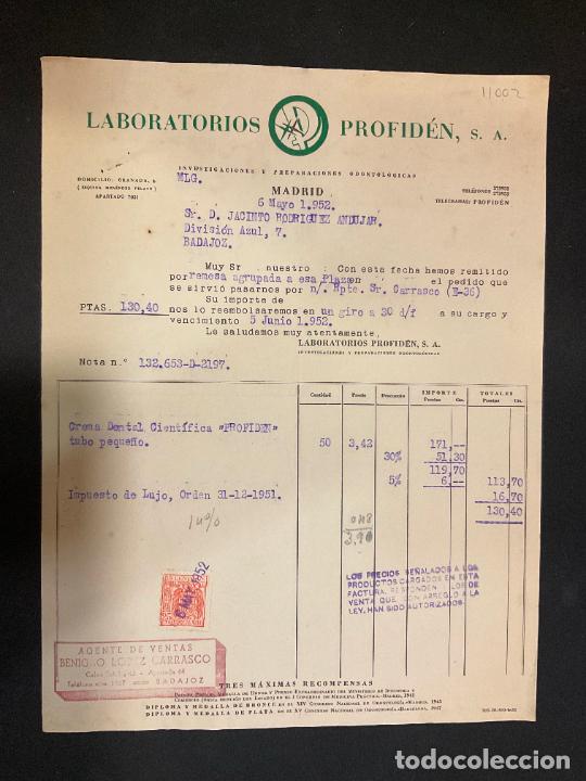 Alte Rechnungen: FACTURA. LABORATORIOS PROFIDEN. MADRID 1952. INVESTIGACIONES Y PREPARACIONES ODONTOLOGICAS