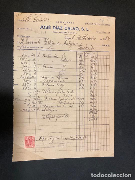 Alte Rechnungen: FACTURA. JOSE DIAZ CALVO. ALMACENES. TEJIDOS. PAQUETERIA Y QUINCALLA. ZAFRA 1950