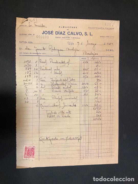 Alte Rechnungen: FACTURA. JOSE DIAZ CALVO. ALMACENES. TEJIDOS. PAQUETERIA Y QUINCALLA. ZAFRA 1950