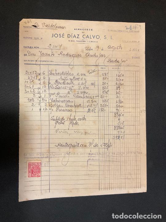 Alte Rechnungen: FACTURA. JOSE DIAZ CALVO. ALMACENES. TEJIDOS. PAQUETERIA Y QUINCALLA. ZAFRA 1950