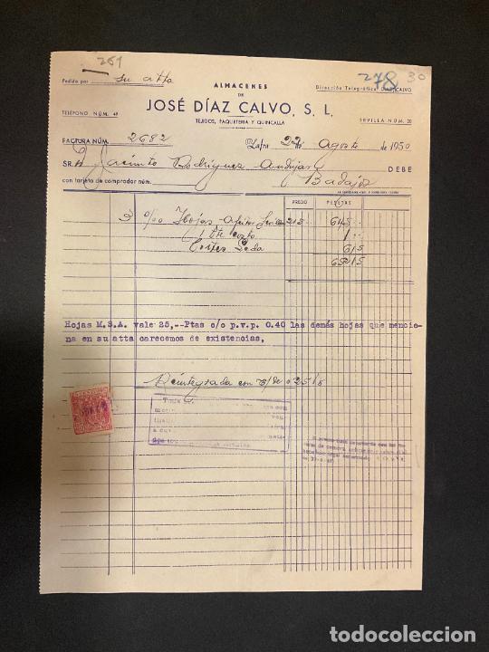 Alte Rechnungen: FACTURA. JOSE DIAZ CALVO. ALMACENES. TEJIDOS. PAQUETERIA Y QUINCALLA. ZAFRA 1950