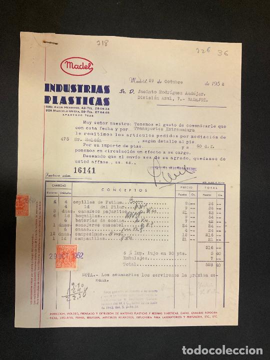 Alte Rechnungen: FACTURA. INDUSTRIAS PLASTICAS. MADEL. MADRID 1952. INYECCION. MOLDEO. PRENSADO. EXTRUSION