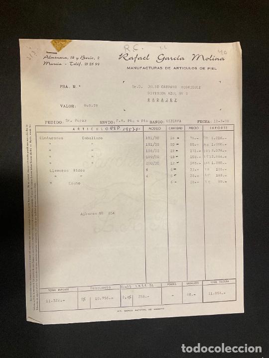 Alte Rechnungen: FACTURA. RAFAEL GARCIA MOLINA. MANUFACTURAS DE ARTICULOS DE PIEL. MURCIA. 1978