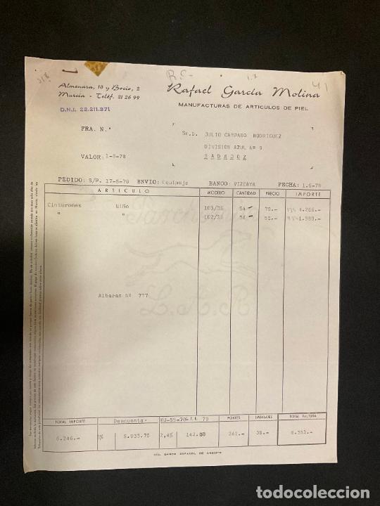 Alte Rechnungen: FACTURA. RAFAEL GARCIA MOLINA. MANUFACTURAS DE ARTICULOS DE PIEL. MURCIA. 1978