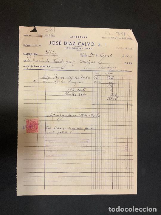 Alte Rechnungen: FACTURA. JOSE DIAZ CALVO. ALMACENES. TEJIDOS. PAQUETERIA Y QUINCALLA. ZAFRA 1950
