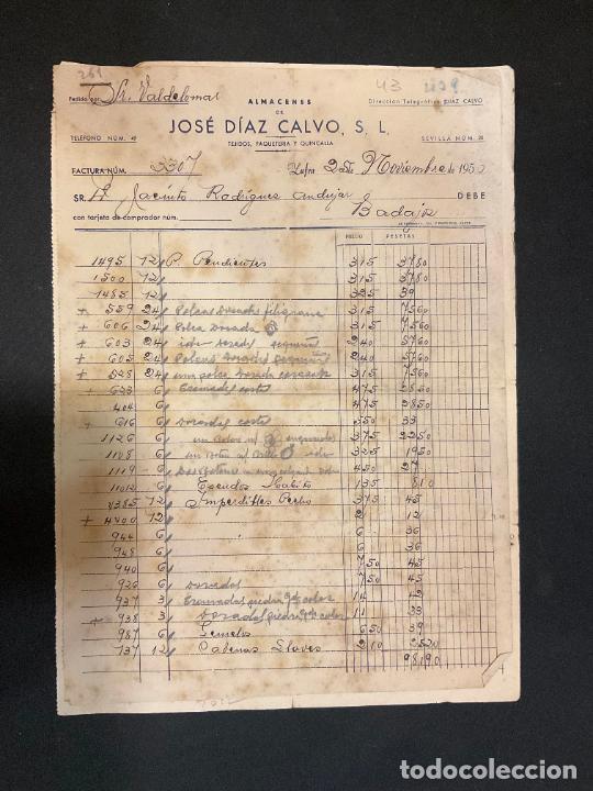 Alte Rechnungen: FACTURA. JOSE DIAZ CALVO. ALMACENES. TEJIDOS. PAQUETERIA Y QUINCALLA. ZAFRA 1950