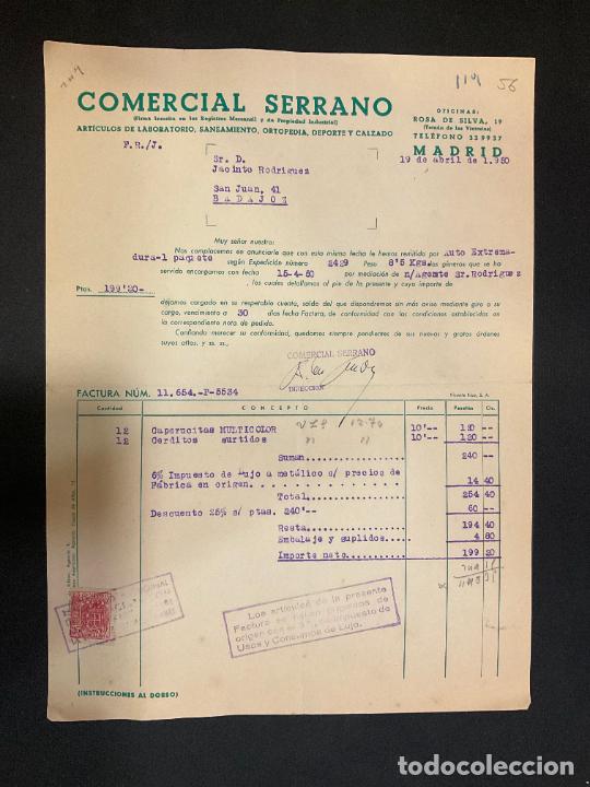 Alte Rechnungen: FACTURA. COMERCIAL SERRANO. LABORATORIO, SANEAMIENTO, ORTOPEDIA, DEPORTE Y CALZADO. MADRID 1950