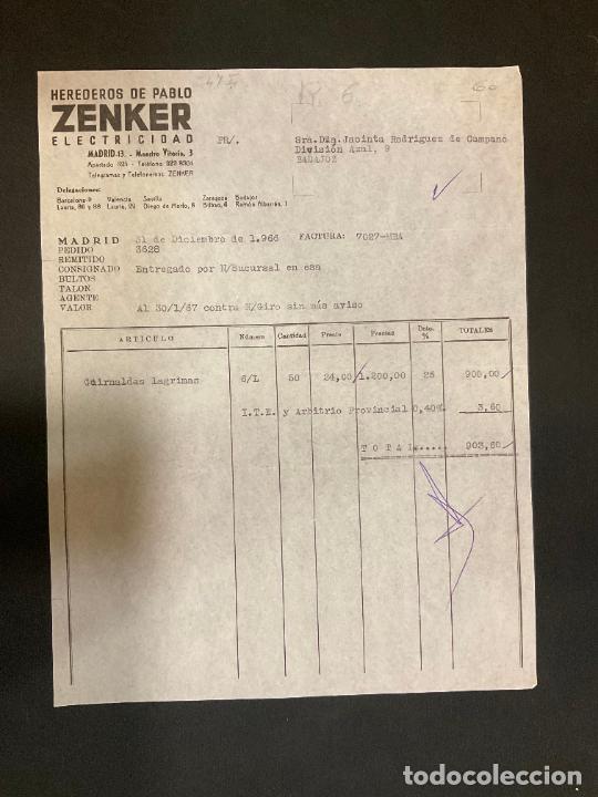 Alte Rechnungen: FACTURA. HEREDEROS DE PABLO ZENKER. ELECTRICIDAD. MADRID 1966. ZENKER