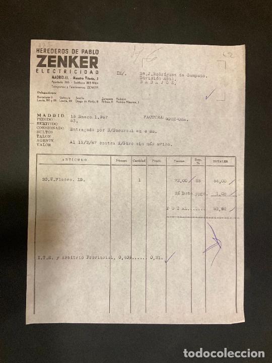 Alte Rechnungen: FACTURA. HEREDEROS DE PABLO ZENKER. ELECTRICIDAD. MADRID 1967. ZENKER