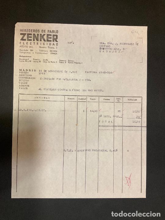 Alte Rechnungen: FACTURA. HEREDEROS DE PABLO ZENKER. ELECTRICIDAD. MADRID 1965. ZENKER