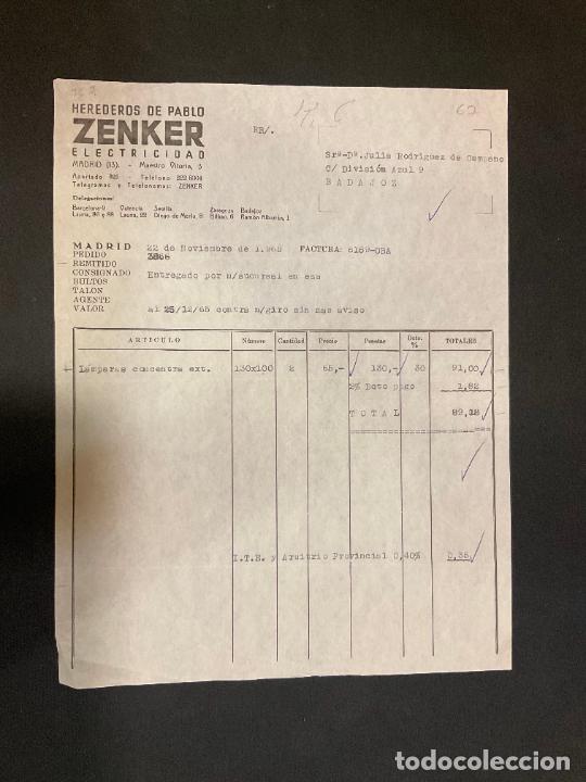 Alte Rechnungen: FACTURA. HEREDEROS DE PABLO ZENKER. ELECTRICIDAD. MADRID 1965. ZENKER