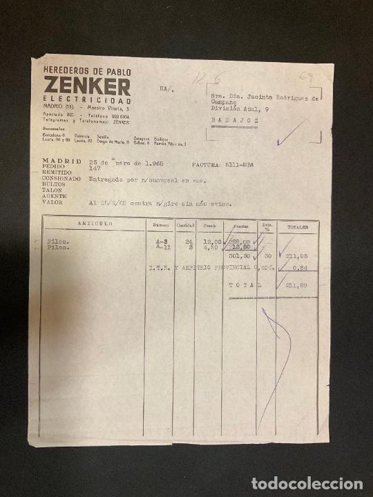 Alte Rechnungen: FACTURA. HEREDEROS DE PABLO ZENKER. ELECTRICIDAD. MADRID 1965. ZENKER